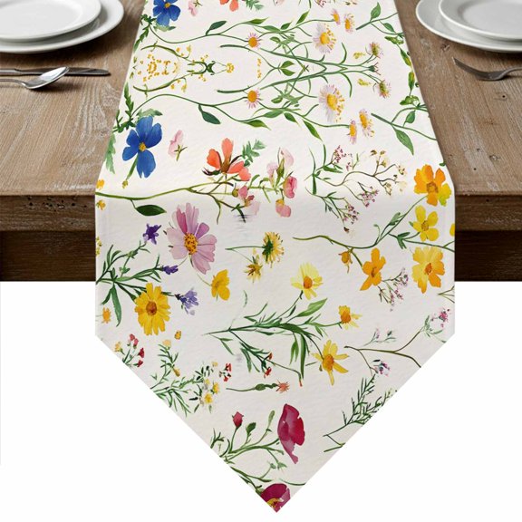 Retro Floral Table Runner Linen Burlap Table Runner 48 Inches Long Spring Summer Rustic Botanical Watercolor Dresser Scarves for Kitchen Island Coffee Dining Party Wedding Holiday Decor 13"x48"