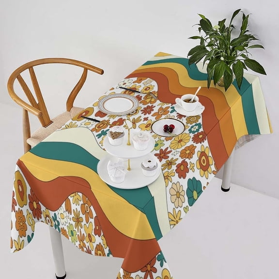 Retro Floral Tablecloth, Groovy Wavy Geometric Hippie Cute Flowers 70s 60s Yellow Orange Print Table Cloth Cover for Holiday Home Picnic Party Wedding Buffet 60x84inch