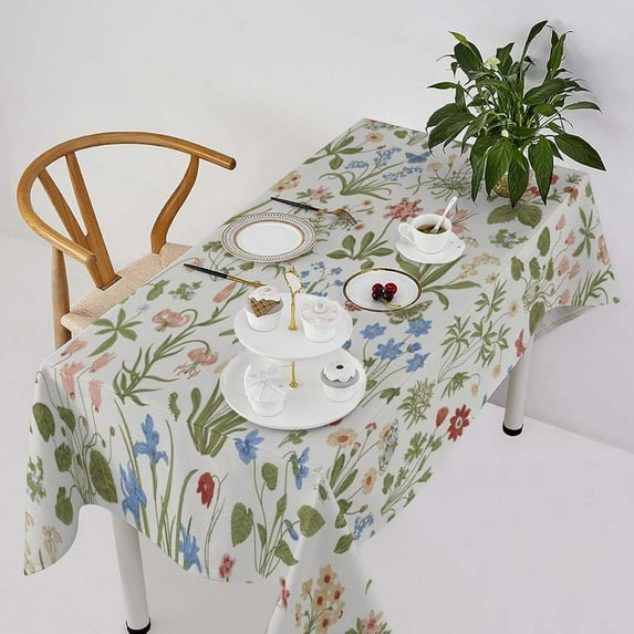 Retro Floral Tablecloth, Vintage Farmhouse Garden Botanical Watercolor Red Flower Green Leaves Table Covers for Kitchen Party Dinner Tabletop Decoration 55x55in