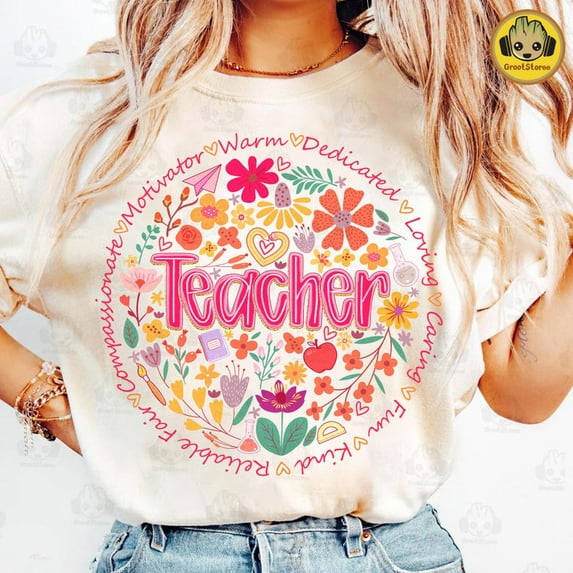 Retro Floral Teacher T-shirt, Teacher T-shirt, Teacher T-shirt, Teacher Appreciation T-shirt, Spring Boho Wildflowers T-shirt.