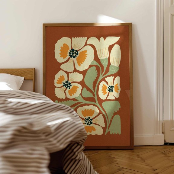 Retro Floral Terracotta Botanical Mid Century Modern Stylish Decorative Design Statement Wall Art