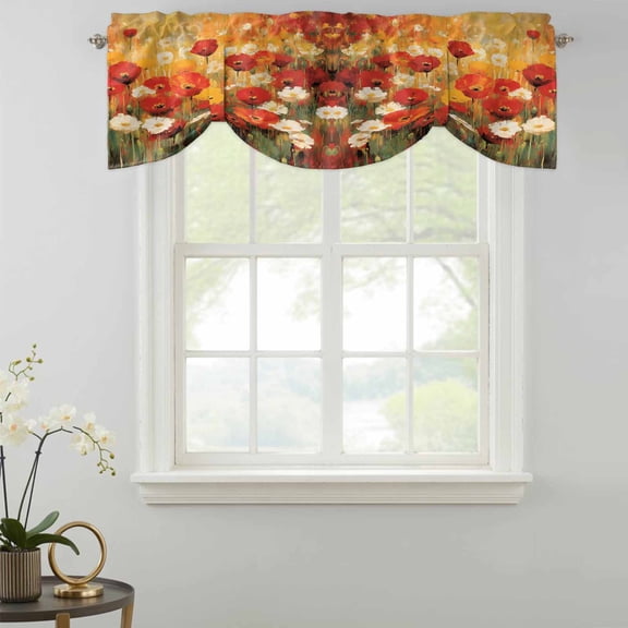 Retro Floral Tie Up Valances Curtain, Red White Poppy Flowers Lawn Oil Painting Adjustable Valance for Window Light Filtering for Kitchen and Bathroom Rod Pocket 1 Panel 54x18in