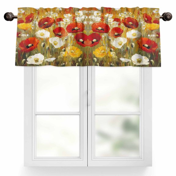 Retro Floral Valances for Windows, 54 x 18in, Red White Yellow Poppy Lawn Oil Painting Rod Pocket Kitchen Valance Curtain Light Filtering Window Treatments for Living Room Bedroom, 1 Panel