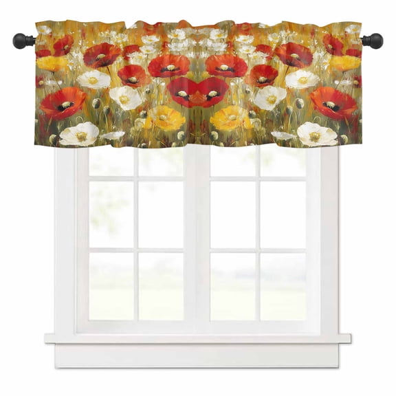 Retro Floral Valances for Windows Red White Yellow Poppy Lawn Oil Painting Rod Pocket Curtain Valance Window Treatment Short Curtains for Kitchen Living Room, 42"x18"