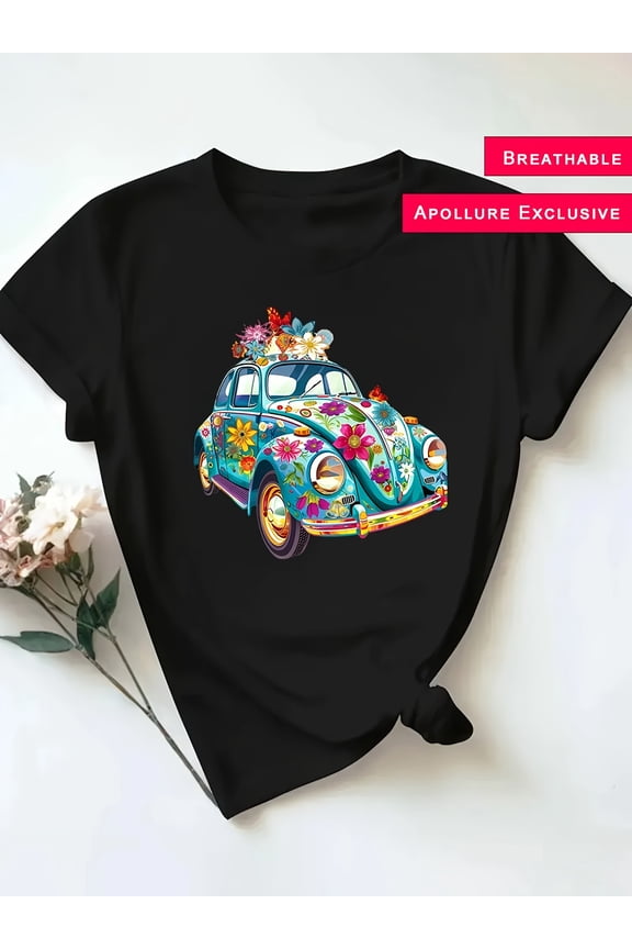 Retro Floral Vintage Car Graphic T-Shirt Women's Summer Short Sleeve Breathable Cotton Blend Top Hippie Style Flower Power Tee Black