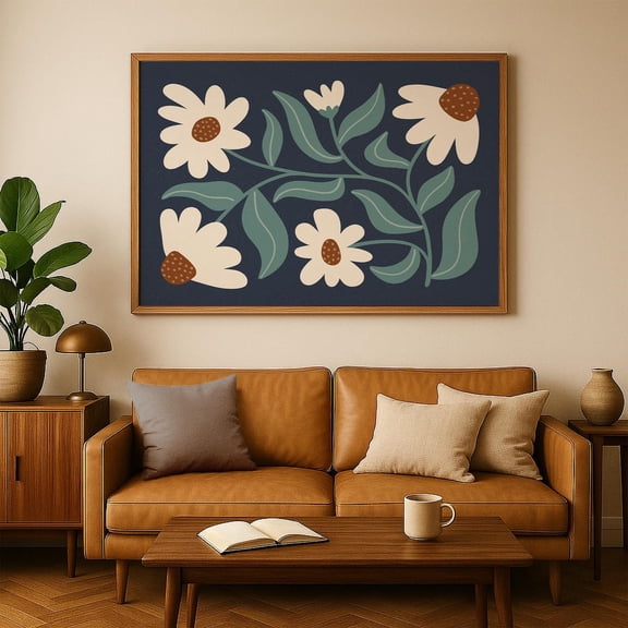 Retro Floral Wall Art, Navy Blue With Daisies Botanical Illustration Landscape Print Home Decor #3993, Unframed Canvas Size 24x36