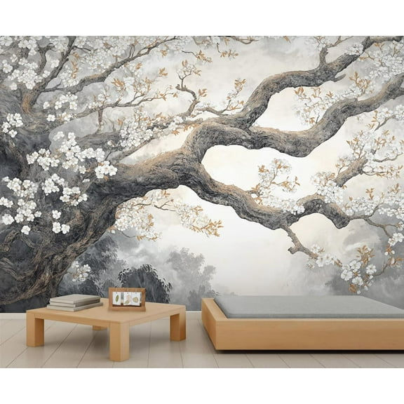 Retro Floral Wall Mural - Branch Murals, Flower Design Large Wall Murals For Living Room, Floral Mural Wallpaper 55"W x 28"H (Not Peel and Stick)