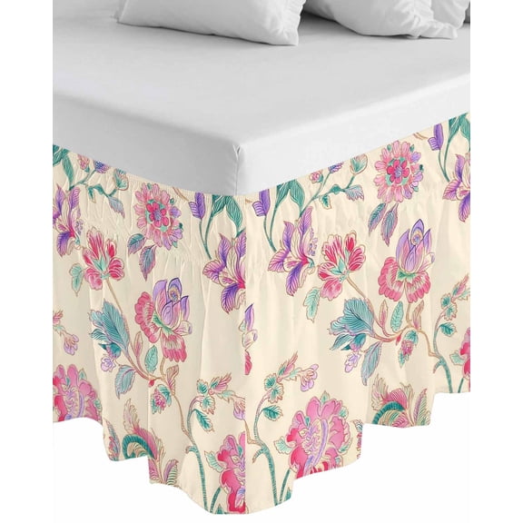 Retro Floral Wrap Around Bed Skirts for Queen Bed 16" Drop, Bed Skirt with Adjustable Elastic Belt Dust Ruffle Bed Valance for Bedroom Hotel Luxury Farmhouse Botanical Leaves Flowers Bed Frame Cover