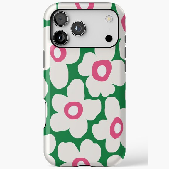 Retro Floral for iPhone Case 11 through 17 Pro Max - White Pink Flowers Green Background