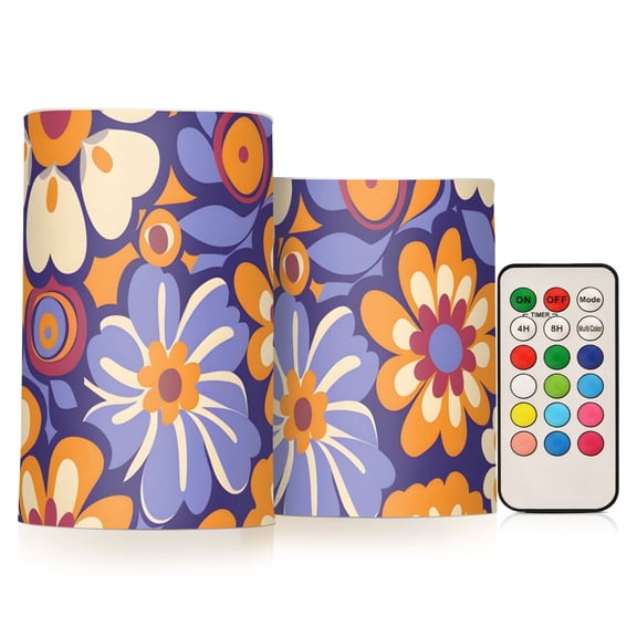 Retro Florals Digtal Pattern Colorful Flickering Flameless Candles LED Tealight Battery Operated with Remote Set of 2 Holiday Decor Ornaments