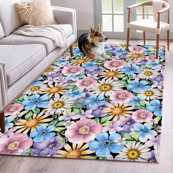 Retro Flower 4'x6' Rug for Dining Table for 4 People Under Table, Watercolor Pink Blue Purple Floral Daisy Green Leaf Black Back Non Slip Rectangle Area Rug, Machine Washable Indoor Outdoor Mat