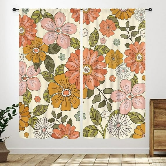 Retro Flower 70s Curtains, Colorful Boho Orange Flower Groovy Funky Daisy Floral Bedroom Window Curtain Treatments,Vintage Mid Century Kitchen Bathroom Living Room 26"W x 45"L (Pack of 2)