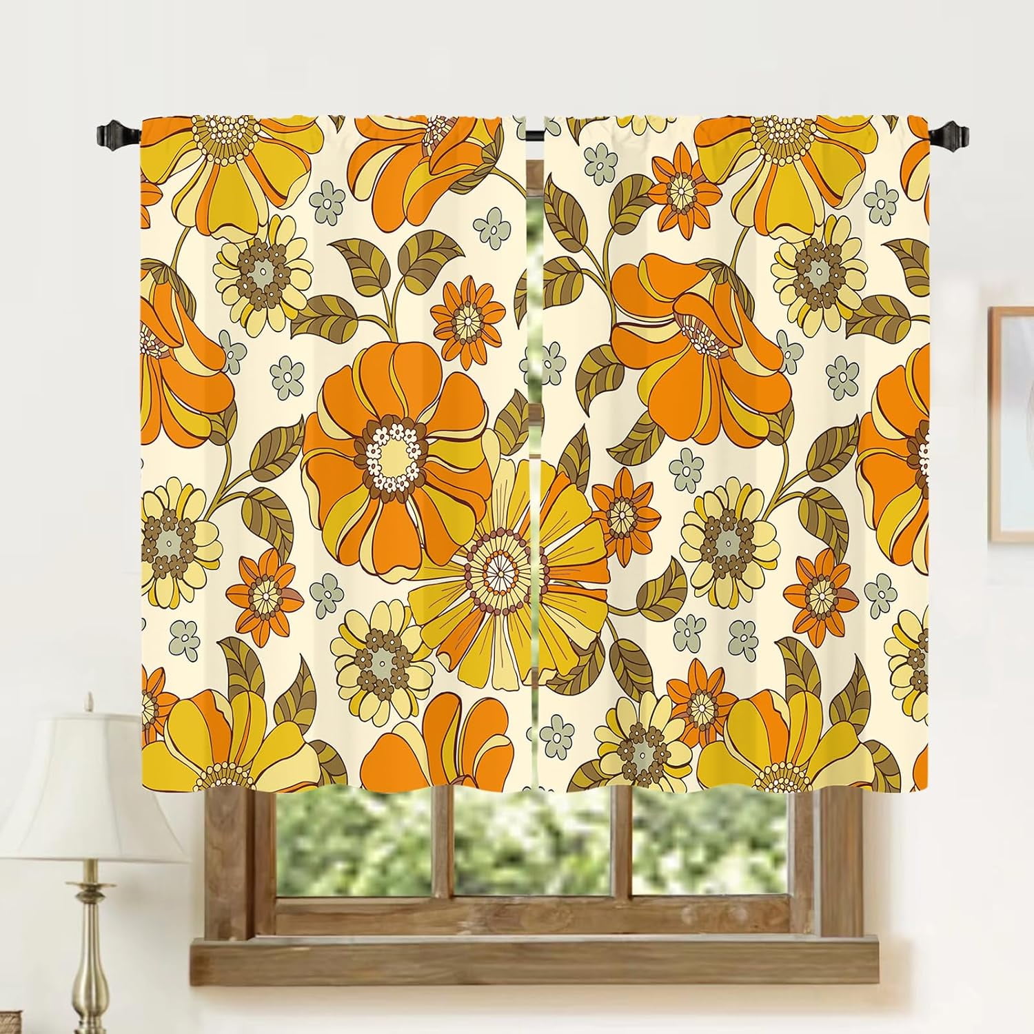 Retro Flower 70s Kitchen Curtains 2 Panels 27.5W x 39H Rod Pocket ...