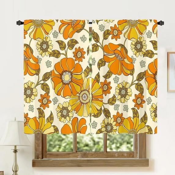 Retro Flower 70s Kitchen Curtains 2 Panels 27.5W x 39H Rod Pocket Vintage Floral Hippie Funky Aesthetic Orange Groovy 60s Blossom Botanical Small Short Decor Window Drapery Treatment