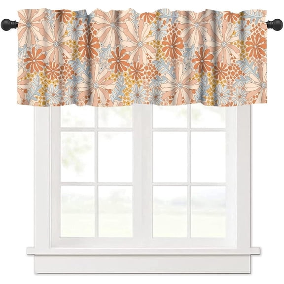 Retro Flower 70s Kitchen Curtains,Vintage Floral Hippie Funky Aesthetic Orange Groovy 60s Blossom Botanical Window Valances Treatment 54x18inch