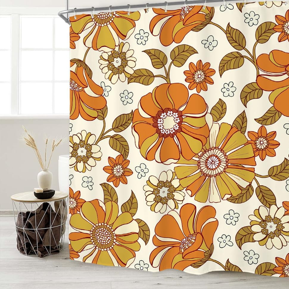 Retro Flower 70s Shower Curtain Set 71Wx71H Inches Vintage Floral ...