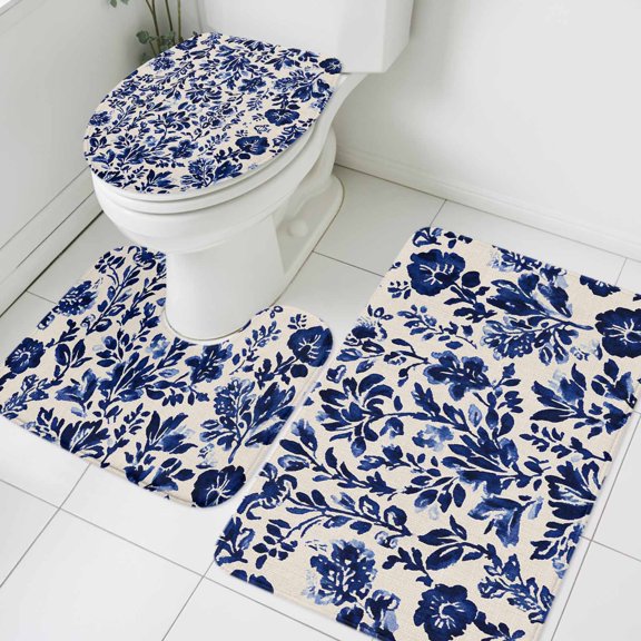 Retro Flower Bathroom Rugs Set Spring Abstract Dark Blue Floral Pattern Vintage Non Slip Absorbent Soft Bath Mats 3 Piece Set with Bathroom Rug, U-Shaped Floor Mat, Toilet Seat Cover Small Size