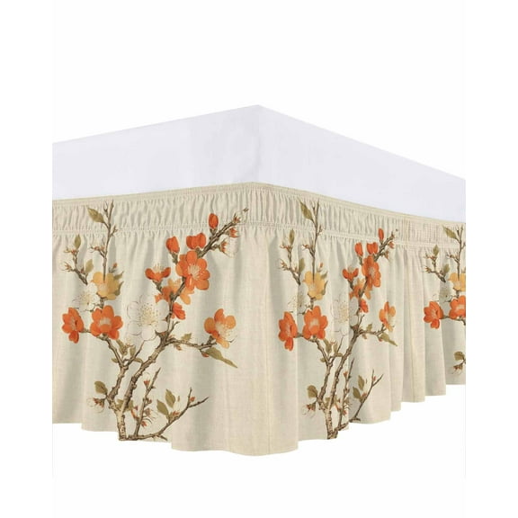 Retro Flower Bed Skirt King Size 18" Drop Plum Blossom Bud Branch Leaves Linen Ruffled Wrap Around Bed Skirts Adjustable Elastic Bedskirt Dust Ruffle for King Size Bed