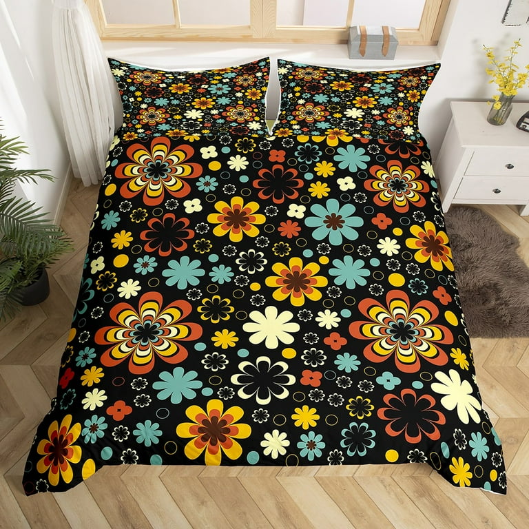 Retro Flower Bedding Set King,Funky 1960S 1970S Swirls Floral 