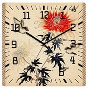 Retro Flower Bird, Wooden Wall Clock Silent Non Ticking, Classical Spring Summer Plant Square Wall Clocks Battery Operated, Decor Clock for Home Office, Living Room, Kitchen, 12 Inch