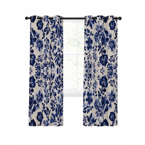 Retro Flower Blackout Curtains 63 Inch Length Spring Abstract Dark Blue Floral Pattern Vintage Thermal Insulated Window Curtain Window Drapes 2 Panels for Bedroom Living Room 52"Wx63"L