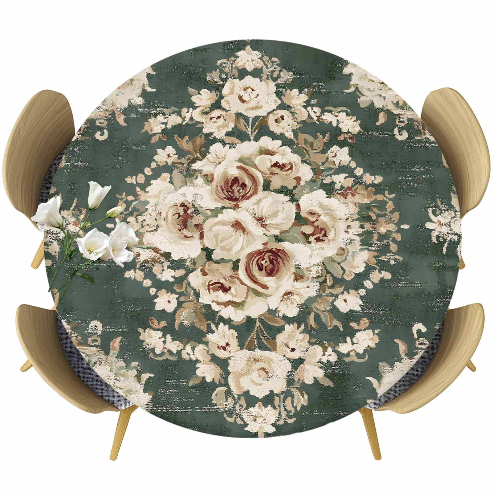 Retro Flower Boho Round Tablecloth 55-60 Inch Round Fitted Table Cloth ...