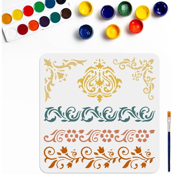Retro Flower Border Stencils Ornate Border Stencil 11.811.8inch with Paint Brush Flower Stencil Template Floral Edge Cake Decorating Template DIY Art Craft for Wood Canvas Paper Fabric White