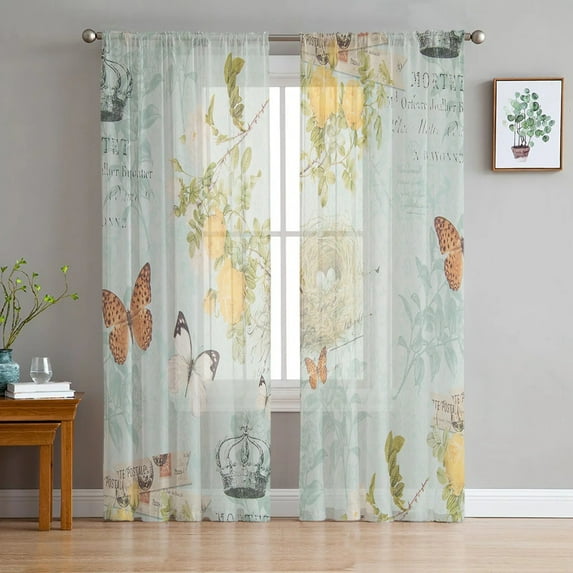Retro Flower Butterfly Tulle Curtains for Living Room Bedroom Sheer Voile Drapes Modern Printed Design Sheer Curtains