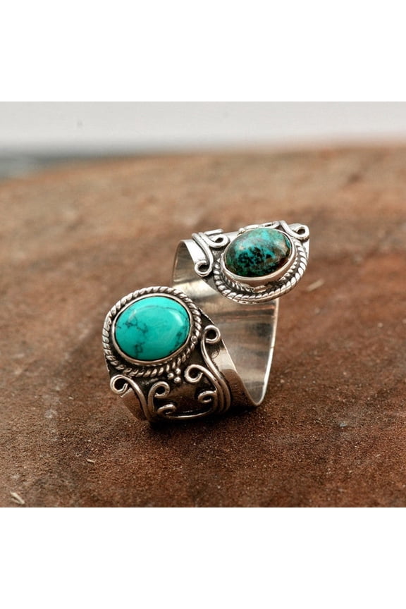 Unisex Punk Ring Adjustable Alloy Silver Ring Exaggerated Turquoise Ring Retro Flower Carved Ring Fashion Jewelry Gift for Men and Women