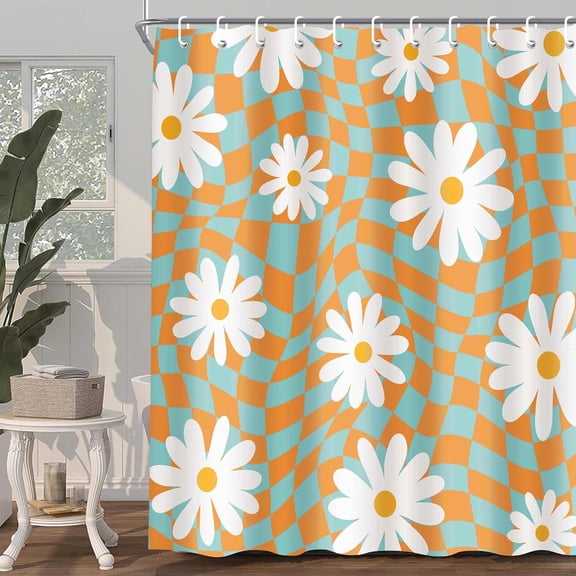Retro Flower Checkered Abstract Shower Curtain 70s Colorful Geometric Modern Groovy Simple Aesthetic Home Bathroom Decor Waterproof Fabric with Plastic 12PCS Hooks 36"W x 72"L (Pack of 1)