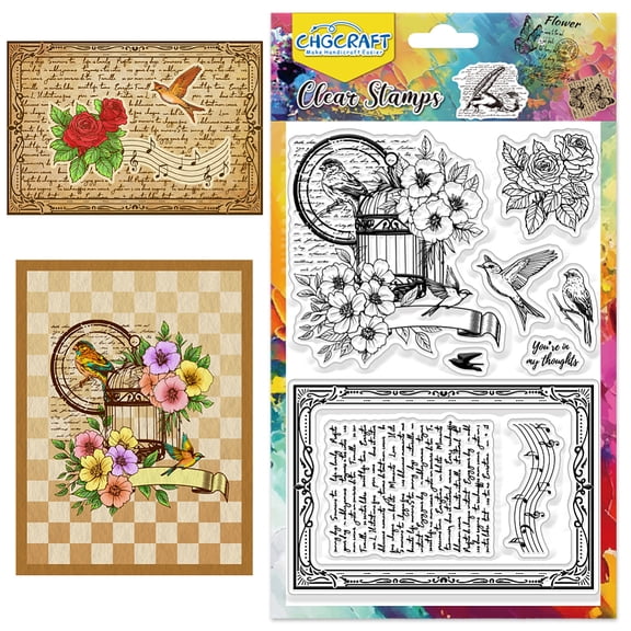 Retro Flower Clear Stamps Bird Text Background Transparent Silicone Stamps