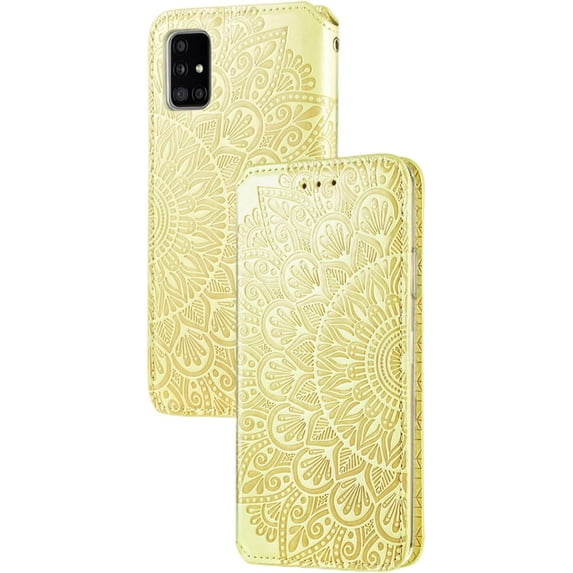 Retro Flower Comfortable PU Flip Phone case with Wallet Card Holder for Samsung Galaxy A22 A32 A52 S A72 A11 A51 A71 4G 5G Protective Cover Exquisite Shockproof Bumper(Yellow,A51 5G)