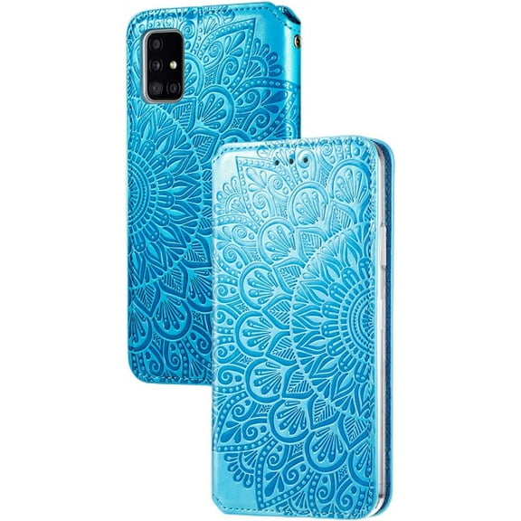 Retro Flower Comfortable PU Flip Phone case with Wallet Card Holder for Samsung Galaxy A22 A32 A52 S A72 A11 A51 A71 4G 5G Protective Cover Exquisite Shockproof Bumper(Blue,A52S)