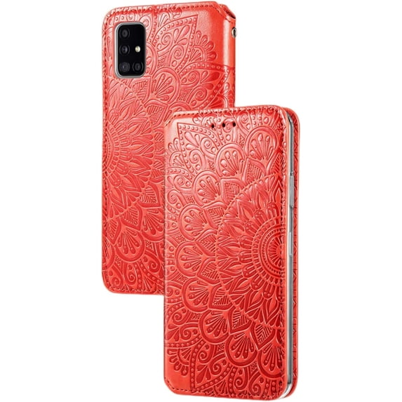 Retro Flower Comfortable PU Flip Phone case with Wallet Card Holder for Samsung Galaxy S21 S20 Ultra Plus FE Note 20 10 Ultra Pro Protective Cover Exquisite Shockproof Bumper(Red,S21 Plus)