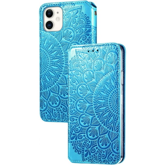 Retro Flower Comfortable PU Flip Phone case with Wallet Card Holder for iPhone 14 13 12 11 8 7 6 S X XS XR Plus Pro Max Mini Protective Cover Exquisite Shockproof Bumper(Blue,11 Pro)