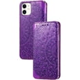 thumbnail image 1 of Retro Flower Comfortable PU Flip Phone case with Wallet Card Holder for iPhone 14 13 12 11 8 7 6 S X XS XR Plus Pro Max Mini Protective Cover Exquisite Shockproof Bumper(Purple,11 Pro max), 1 of 8
