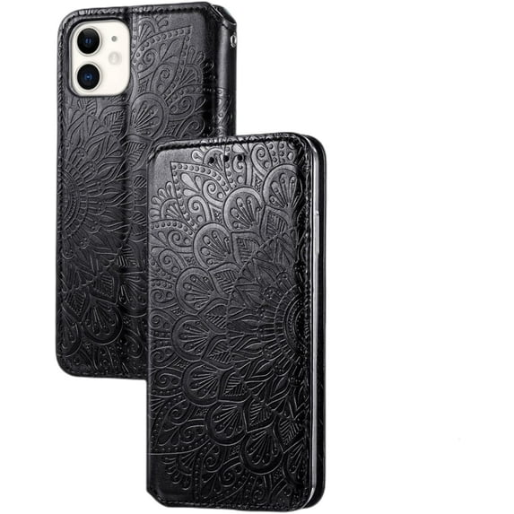 Retro Flower Comfortable PU Flip Phone case with Wallet Card Holder for iPhone 14 13 12 11 8 7 6 S X XS XR Plus Pro Max Mini Protective Cover Exquisite Shockproof Bumper(Black,12)