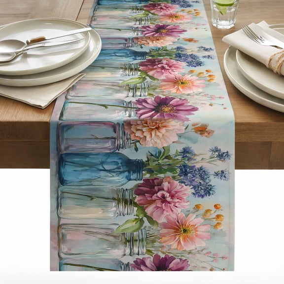Retro Flower Cotton Linen Table Runner Oil Painting Watercolor Colorful Floral Vintage Dining Table Runners for Home Decor Party Dining Room Restaurant Kitchen 13" x 36"