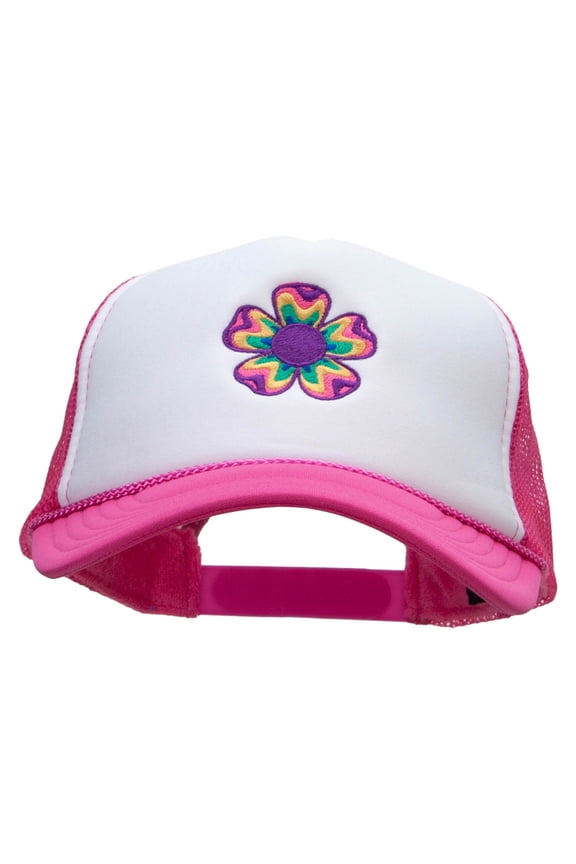 Retro Flower Embroidered Foam Panel Mesh Snapback - Pink White OSFM