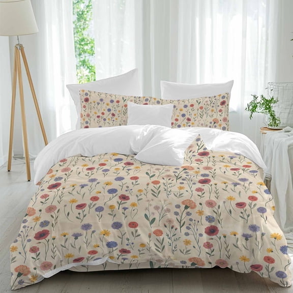Retro Flower Full Size Comforter Set, Purple Red Yellow Flower Farm Plant Watercolor Bedding for All Seasons, 4 Pcs Bed Set, 1Quiltcover (86"x86") ,1Sheet(80"x116"), 2Pillowcases (30"x20")