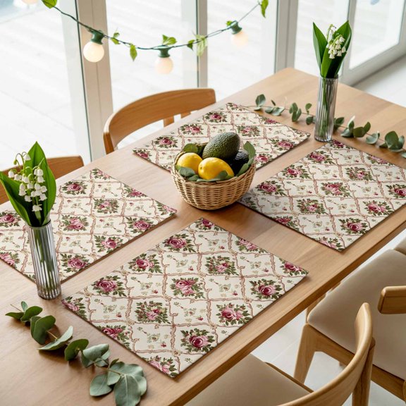 Retro Flower Geometric Pattern Placemats Set of 4,Wipeable Washable Table Mats for Dining Tables, Farmhouse Floral Seamless Place Mats for Kitchen Event Party Tabletop Decor