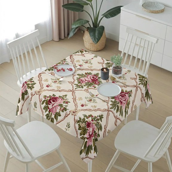 Retro Flower Geometric Pattern Table Cloth 54x54in, Waterproof Square Tablecloth Wipeable Tablecloths Farmhouse Floral Seamless Table Covers for Dining Tables Party Indoor Outdoor