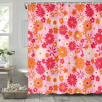 Retro Flower Hot Pink Shower Curtain Cute Vintage 72s Groovy Floral Bathroom Accessories, Boho Hippie Funky Chic Bathtub Curtain with Colorful Flowers Modern Artistic Fabric Bathroom Decor Set 72X72IN