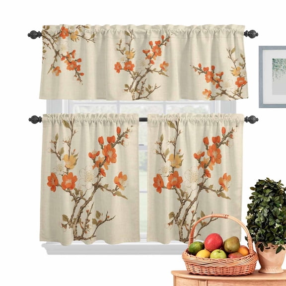 Retro Flower Kitchen Curtains Valances 3 Piece Set, Plum Blossom Bud Branch Leaves Linen Rod Pocket Tier Curtain and Valance Drapes for Small Window 36 Inch Length for Bedroom Cafe