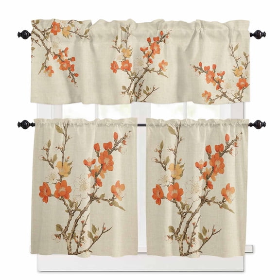 Retro Flower Kitchen Curtains Valances and Tiers Set of 3, 24 Inch Length Tier Curtains and Valance Rod Pocket Valance Curtains Set for Kitchen Bathroom Small Windows