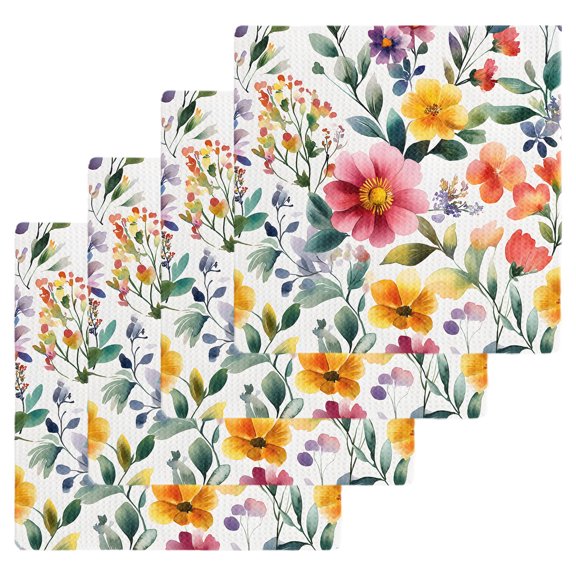 Retro Flower Kitchen Dish Towels for Drying Dishes Set of 4, Boho Country Floral Leaf Plant Watercolor Waffle Weave Microfiber Hand Tea Bathroom Towels Quick Dry & Absorbent Towel 12x12