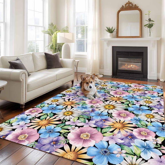 Retro Flower Large Area Rugs 8x10 ft Watercolor Pink Blue Purple Floral Daisy Green Leaf Black Back Washable Rug Non Slip Indoor Carpet Absorbent Floor Mat for Living Room Bedroom Dining Room