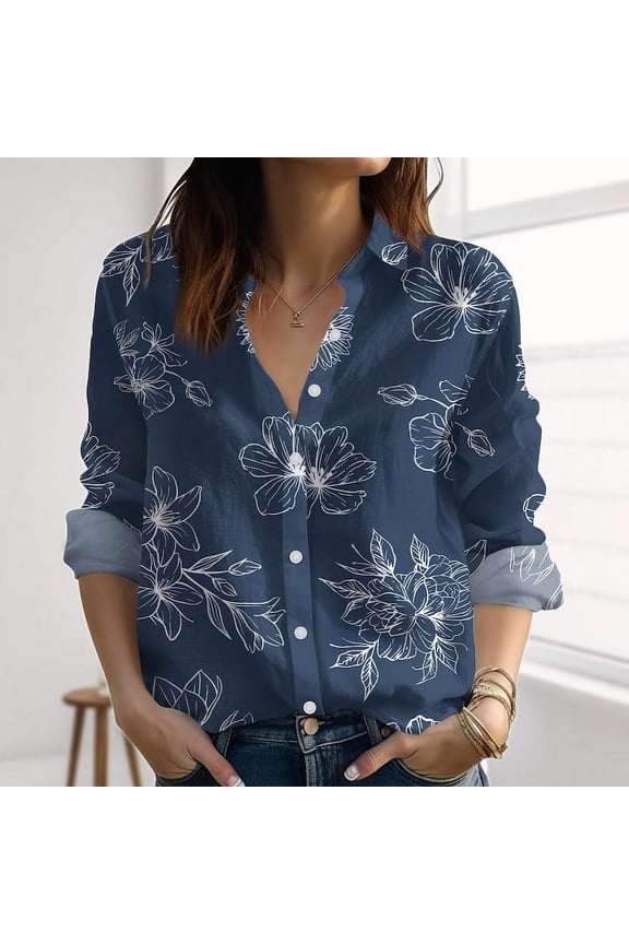 Retro Flower Linen-Look Shirt, Botanical Blouses Tops Women, Nature Love Casual Shirt For Women, Summer Clothes, Gift For Her, Button Up Shirt, Blouses Tops Women, Gift for Mother