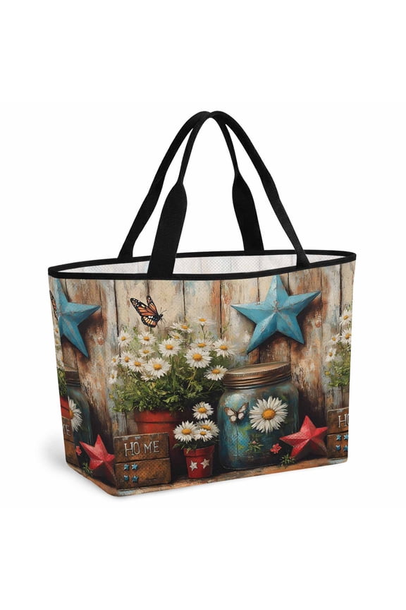 Retro Flower Mesh Beach Bag for Women Men,Large Beach Tote Waterproof Sandproof,Red Blue West Texas Star Rustic Butterfly Foldable Lightweight Swim Toys Pool Bag Cruise Vacation Travel Essentials