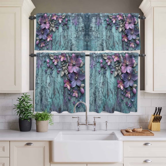 Retro Flower Mottled Wall Curtain Tier and Valance Set 3 Piece,Abstract Floral 3-inch Rod Pocket Window Tier Curtains Valance for Kitchen Living Room